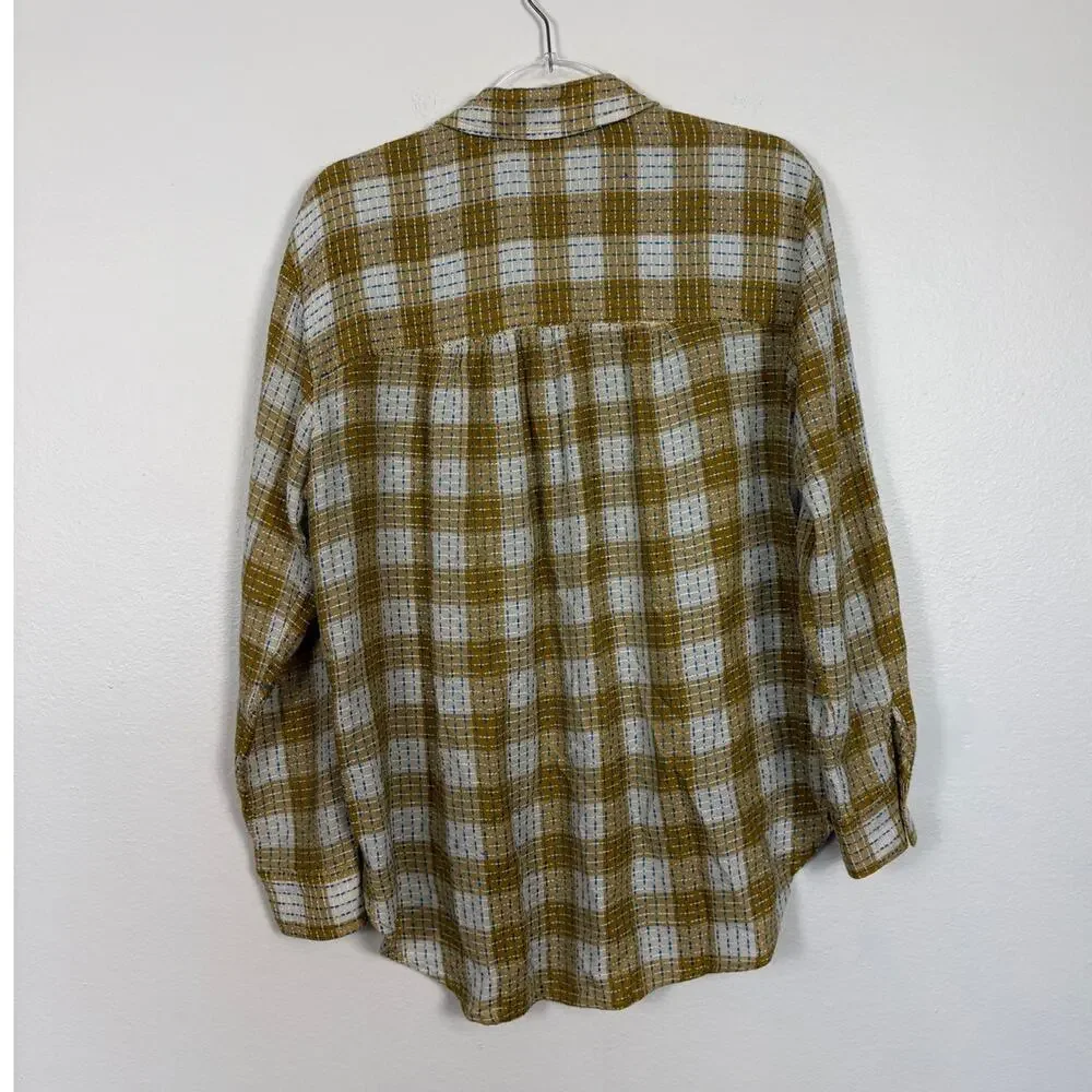 Anthropologie Pilcro Checkered Flannel Embroidered Button Down Blouse Medium